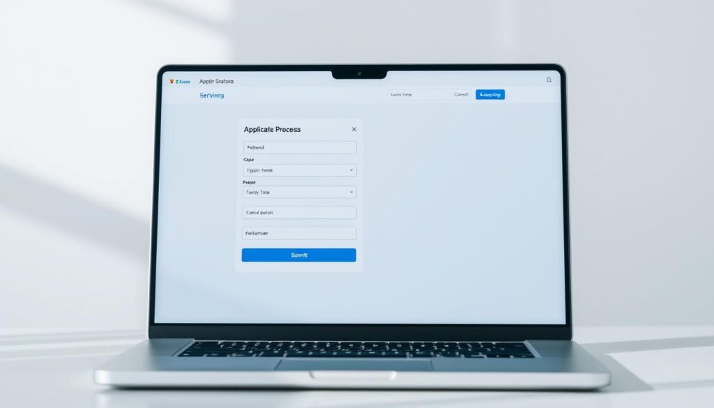 A contemporary online application process displayed on a laptop screen, with a user interface showcasing clean lines, intuitive navigation, and a serene color scheme of blues and grays. The scene evokes a sense of efficiency and professionalism, with attention to detail in the form fields, dropdown menus, and submit button. Soft, diffused lighting casts a gentle glow, creating a calming and inviting atmosphere. The background is slightly blurred, allowing the interface to be the focal point, emphasizing the simplicity and user-friendliness of the application experience.