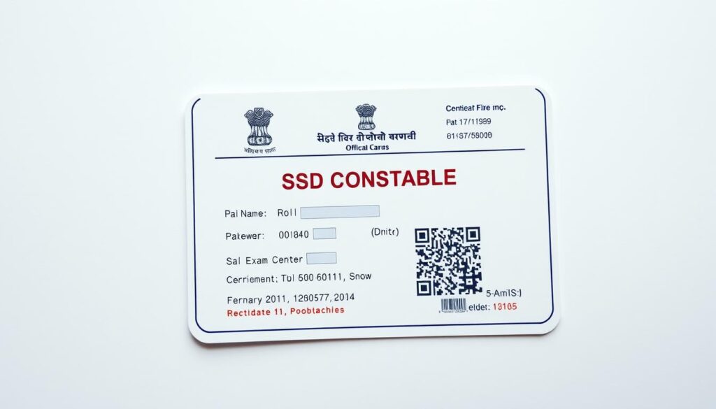 A detailed and official-looking SSC GD Constable Admit Card, featuring the official seal, headers, and relevant information such as the candidate's name, roll number, exam date, and exam center. The card should be set against a clean, professional background, with subtle textures and lighting to convey a sense of authenticity and authority. The overall design should be minimalist and elegant, prioritizing clarity and legibility over excessive decorations or distractions.