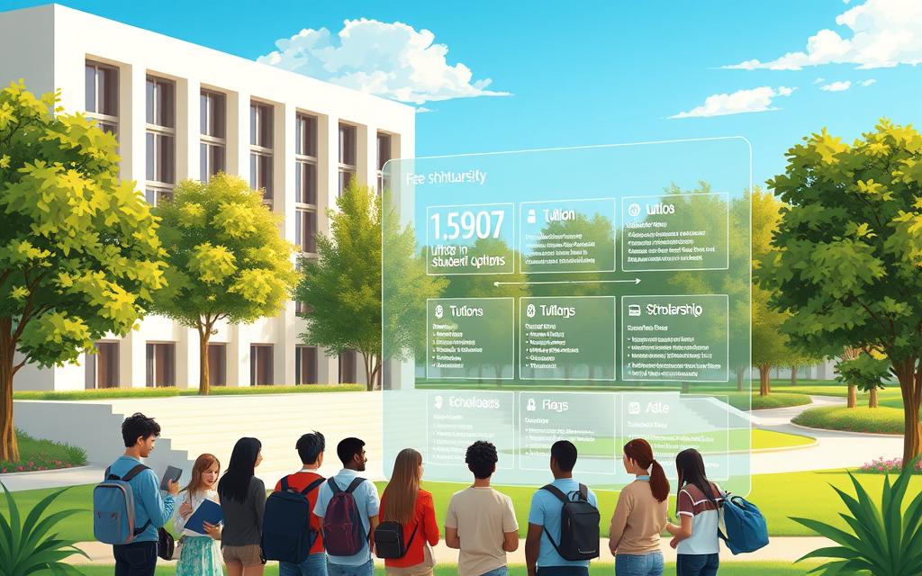 A detailed and visually-striking illustration of a university's fee structure and scholarship offerings. The scene depicts a modern campus building with clean, minimalist architecture, set against a backdrop of lush greenery and a clear blue sky. In the foreground, a group of diverse students are gathered, engaged in discussions and reviewing informational materials. The middle ground showcases a holographic display showcasing tuition costs, financial aid options, and scholarship details in an intuitive, easy-to-understand format. The lighting is soft and natural, creating a warm, welcoming atmosphere. The overall composition conveys a sense of educational opportunity, accessibility, and a commitment to supporting student success.