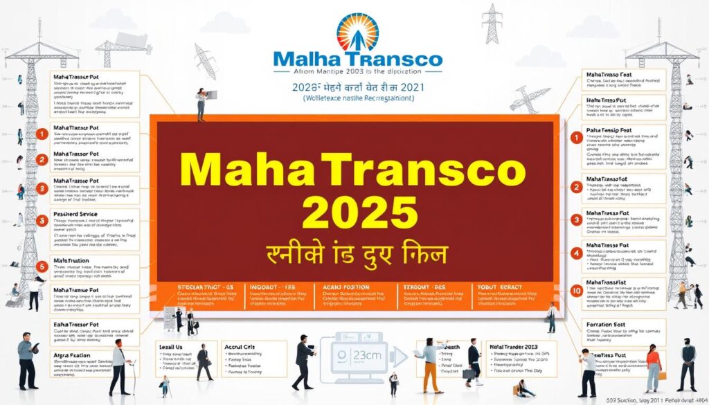 A detailed and visually striking illustration of the "MahaTransco भर्ती 2025 पदों का विवरण", showcasing the various job roles and their descriptions against a backdrop of the MahaTransco logo and organizational structure. The image should convey a sense of professionalism, authority, and the scale of the recruitment drive, with a clean, modern design aesthetic. Utilize a mix of 3D renders, infographic elements, and photorealistic imagery to create a comprehensive and informative visual representation of the available positions.