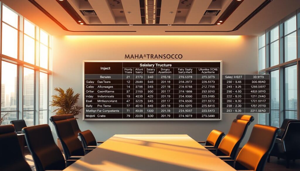 A detailed, high-resolution image depicting the MahaTransco salary structure. The scene shows a sleek, modern corporate office environment with a large display board showcasing the different salary grades, allowances, and benefits for MahaTransco employees. The display is backlit, creating a crisp, clear presentation of the information. The office is bathed in warm, directional lighting from large windows, conveying a professional and authoritative atmosphere. The camera angle is slightly elevated, providing an overview of the scene and highlighting the prominence of the salary information. The overall mood is one of clarity, transparency, and the fair compensation offered by MahaTransco to its workforce.