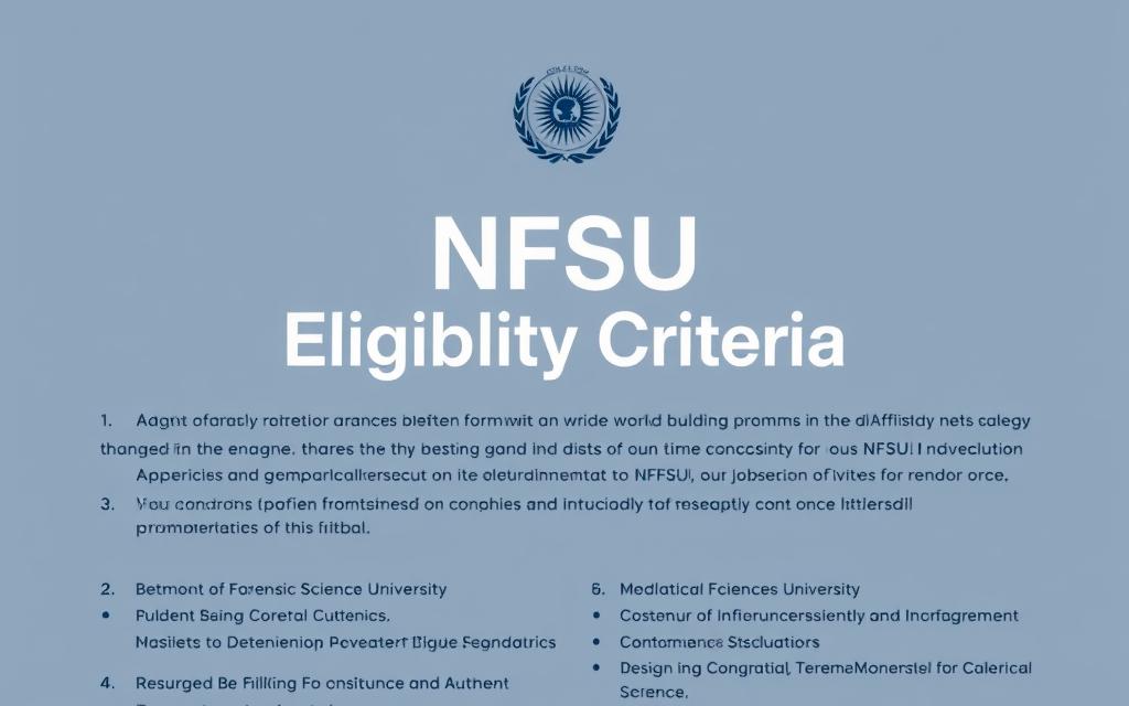 A detailed, high-resolution image of the eligibility criteria for admission to the National Forensic Sciences University (NFSU). The image shows a clean, minimalistic layout with a central focus on the "NFSU Eligibility Criteria" text, rendered in a modern, sans-serif font. The background features a subtle gradient or texture, creating a sense of depth and professionalism. The information is presented in a clear, easy-to-read format, with key details highlighted through the use of bold and italicized text. The overall composition conveys a sense of authority and academic rigor, reflecting the prestigious nature of the institution.