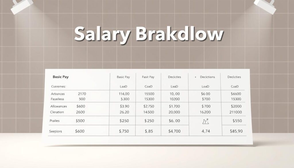A detailed illustration of a structured salary breakdown, showcasing various components such as basic pay, allowances, and deductions. The foreground displays a clean infographic layout with precise numerical values and descriptive labels. The middle ground features icons and pictograms to visually represent the different salary components. The background has a subtle grid pattern and soft, muted tones to create a professional, corporate atmosphere. Balanced lighting accentuates the clarity and organization of the information, conveying a sense of transparency and attention to detail.
