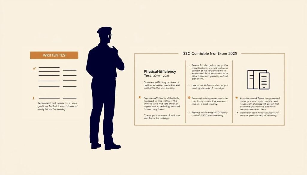 A detailed illustration of the exam pattern for the SSC GD Constable recruitment 2025. A clean, minimalist design showcasing the key sections of the exam - written test, physical efficiency test, and document verification. The image has a well-lit, professional appearance, with a warm, neutral color palette and a clear focal point. The layout is balanced and uncluttered, allowing the exam details to be easily understood. The overall mood is informative and authoritative, reflecting the importance of this competitive exam. The illustration is presented from an elevated, slightly birds-eye perspective to convey a sense of clarity and comprehensiveness.