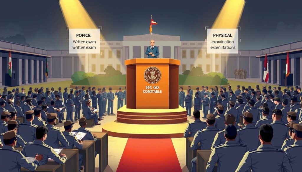 A detailed illustration showcasing the SSC GD Constable Selection Process. Depicted in a realistic, technical style, the image features a central podium with officials overseeing the selection stages - a written exam, physical efficiency test, and medical examination. The foreground shows candidates diligently appearing for the written test, with the middle ground highlighting the physical fitness drills. The background captures the sense of an organized, official setting - with government buildings, security personnel, and a disciplined crowd of applicants. The lighting is crisp and the composition is balanced, conveying the comprehensive and meticulous nature of the SSC GD Constable selection procedure.
