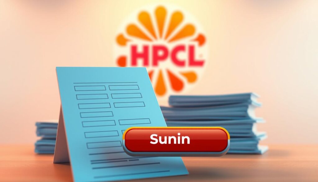 A detailed illustration showcasing the application process for HPCL, the leading Indian oil and gas company. In the foreground, a well-crafted online form with clean, intuitive fields and a prominent "Submit" button. In the middle ground, a stack of documents symbolizing the required supporting materials, meticulously organized. The background depicts the HPCL logo, rendered in a subtle, yet striking manner, conveying the professionalism and reliability of the organization. The overall scene is bathed in a warm, inviting color palette, creating a sense of accessibility and ease for the applicant. Precise camera angles and soft lighting emphasize the seamless, user-friendly nature of the HPCL application process.