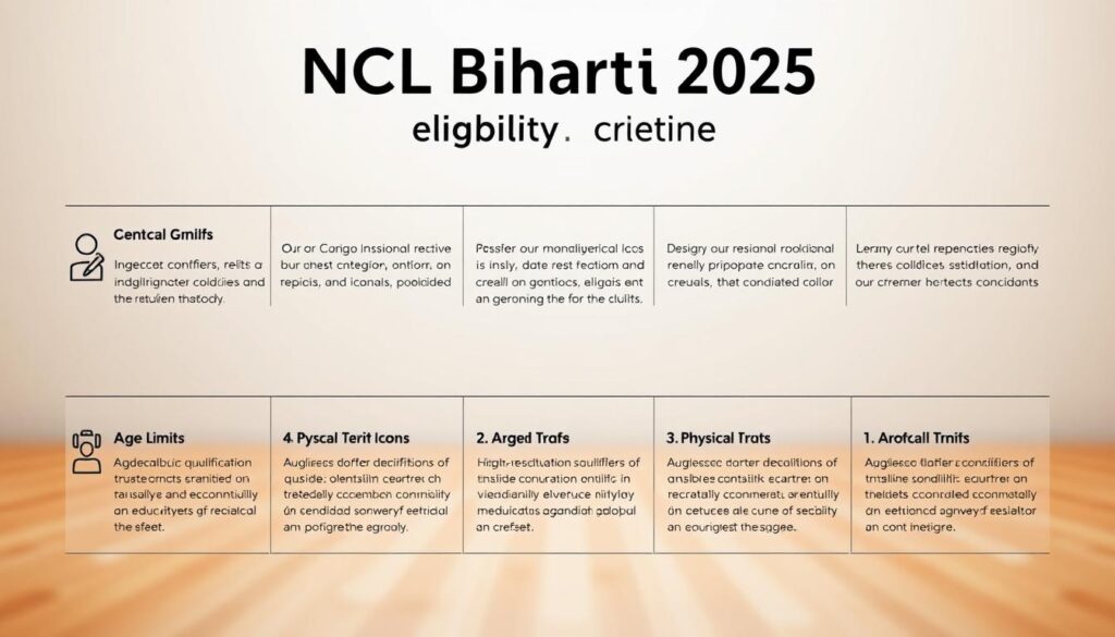 A detailed infographic displaying the eligibility criteria for the NCL Bharti 2025 recruitment drive. The layout features a clean, minimalist design with clear section titles and bullet points. The background is a soft, muted gradient, setting a professional and informative tone. In the foreground, high-resolution icons and illustrations visually represent the key criteria, such as educational qualifications, age limits, and physical requirements. The middle ground includes neatly organized text blocks highlighting the essential details. Subtle lighting and depth of field create a sense of depth and emphasize the important information. The overall composition is balanced, easy to read, and conveys the necessary details for candidates to understand the NCL Bharti 2025 eligibility criteria.