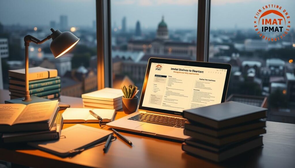 A detailed, informative guide for 12th-grade students, showcasing the IPMAT exam as an easy path to IIM admission. The image should feature a study desk with various educational materials - textbooks, stationery, and a laptop displaying exam preparation resources. Soft, warm lighting illuminates the scene, creating a serene, focused atmosphere. In the background, a cityscape or campus landscape suggests the prestigious IIM institutions. Subtle visual cues, such as an IPMAT logo or exam notification, reinforce the subject matter without overt text. The composition should convey a sense of guidance, opportunity, and academic aspiration for the target audience.