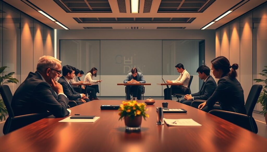 A detailed selection process set against the backdrop of a modern office environment. In the foreground, a panel of interviewers thoroughly evaluating candidates, their expressions conveying focused attention. The middle ground showcases applicants undergoing various assessments, their body language reflecting determination and poise. In the background, a sleek, minimalist workspace with clean lines and muted tones, evoking a professional atmosphere. Warm, directional lighting casts subtle shadows, highlighting the gravity of the selection proceedings. The overall scene conveys the rigor and importance of the recruitment for the CSIR NEERI Bharti 2025 positions.