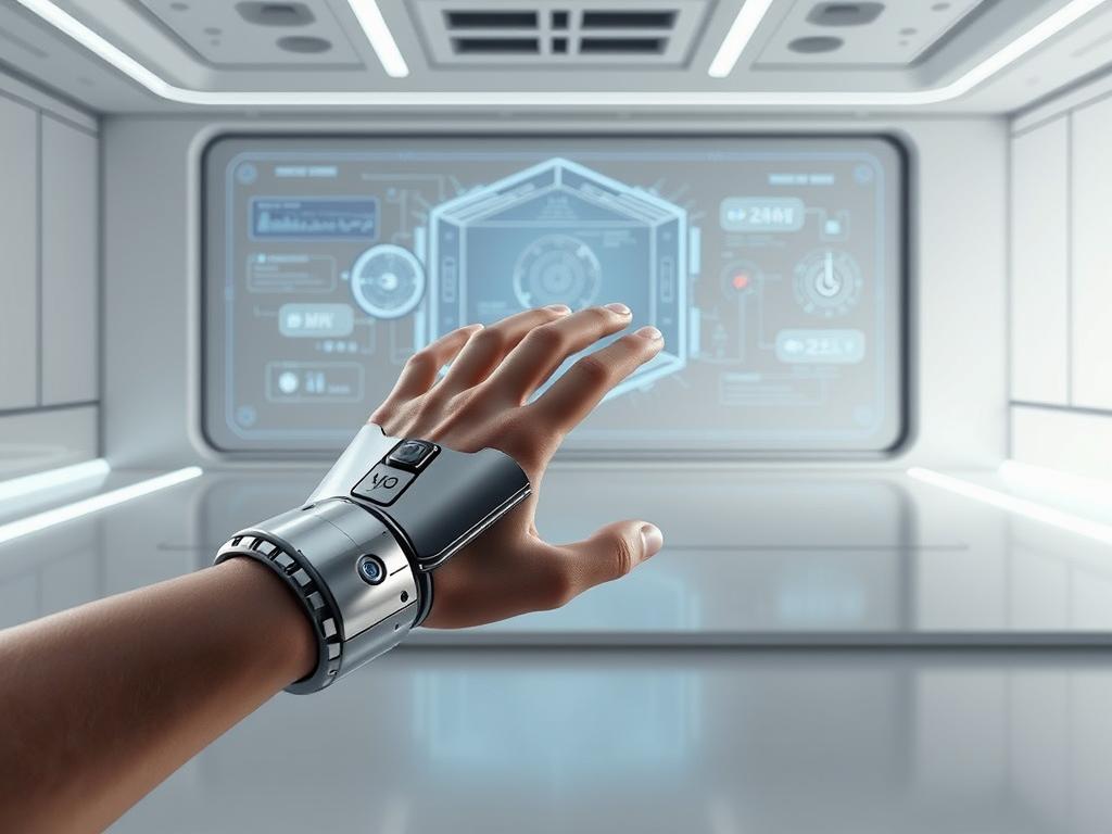 A futuristic, hyper-realistic illustration of the Manus real-time interaction system. In the foreground, a human hand seamlessly interfaces with a sleek, metallic Manus controller, its intricate mechanisms and sensors visible. In the middle ground, a 3D holographic display showcases dynamic visualizations, data, and control interfaces. The background depicts a minimalist, high-tech environment with clean lines, muted colors, and subtle lighting that emphasizes the advanced nature of the Manus technology. The overall scene conveys a sense of cutting-edge innovation, smooth user experience, and the integration of human and machine in a harmonious and immersive manner.