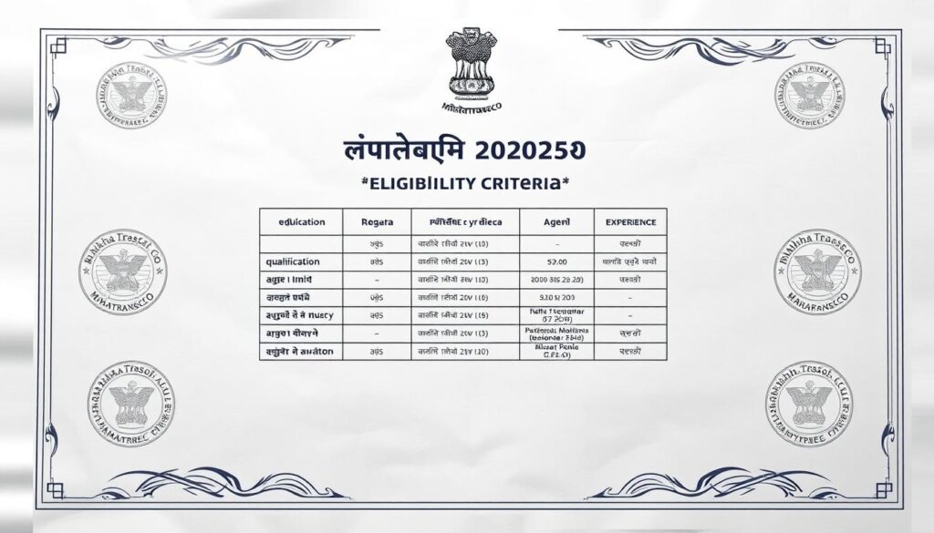 A highly detailed and visually striking image depicting the "MahaTransco भर्ती 2025 पात्रता मानदंड". The composition should feature a central, prominently displayed eligibility criteria table or infographic, showcasing the key requirements such as educational qualifications, age limits, and experience needed for the MahaTransco job openings. Surrounding the table, present a clean, professional background with design elements suggestive of an official government or public sector document, such as embellished headers, seals, or watermarks. Utilize a color palette of muted, institutional tones to convey a sense of authority and credibility. Ensure the overall aesthetic is polished and informative, effectively communicating the necessary information to prospective MahaTransco applicants.