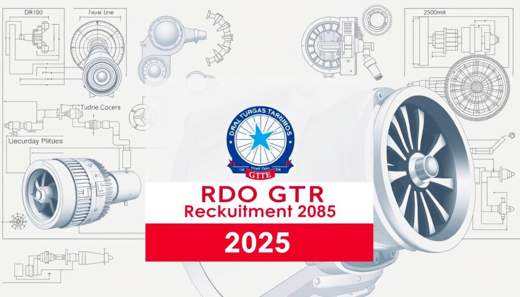 A highly detailed digital illustration depicting the DRDO GTRE recruitment for 2025. The image should feature a prominent, meticulously rendered logo of DRDO GTRE in the foreground, set against a background showcasing various mechanical components and engineering diagrams related to gas turbine technology. The overall composition should convey a sense of technical expertise, professionalism, and the importance of this recruitment drive. Utilize a clean, minimal aesthetic with a focus on realistic textures, lighting, and attention to detail to capture the essence of this specialized engineering organization and the technology they work with.