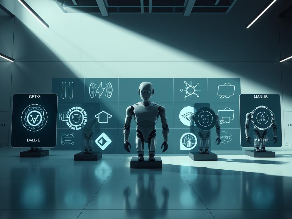 A highly detailed, photorealistic comparison of several popular AI language models, including GPT-3, DALL-E, and Manus. The scene depicts the models in a sleek, futuristic setting, with each model represented by a unique visual metaphor or icon. The models are arranged in a grid formation, with Manus prominently displayed in the center, surrounded by the other AI systems. The lighting is dramatic, with strong shadows and highlights that accentuate the models' distinctive features. The background is a minimalist, high-tech environment, with clean lines and a muted color palette that allows the AI models to take center stage. The overall composition is visually striking and effectively communicates the power and capabilities of these advanced AI systems.