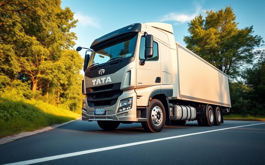 A highly detailed, photorealistic image of the Tata Prima H.28 H2-ICE Truck, captured in natural daylight with a wide-angle lens. The truck is positioned in the foreground, showcasing its sleek, aerodynamic design and prominent Tata logo. The middle ground features a paved road surrounded by lush greenery, with a clear blue sky in the background. The lighting is soft and diffused, creating a warm and inviting atmosphere. The image emphasizes the truck's size, power, and advanced hydrogen-powered engine technology, conveying a sense of innovation and environmental responsibility.
