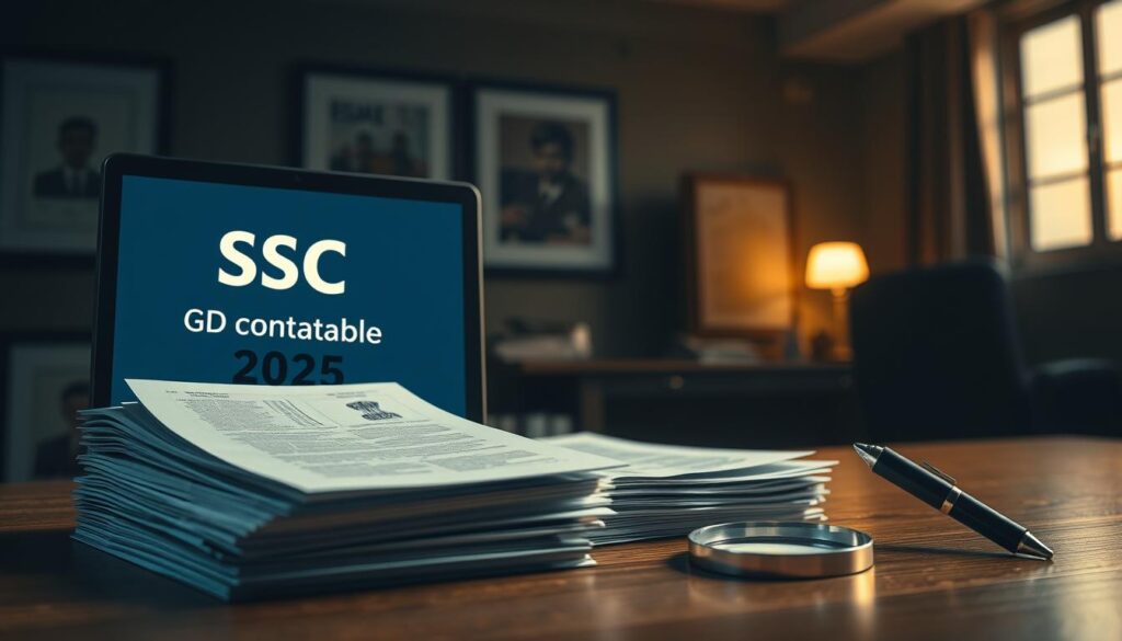 A meticulously detailed and visually striking illustration of the "एसएससी जीडी कांस्टेबल परिणाम प्रक्रिया" (SSC GD Constable Result Process). A crisp, professional photograph captured with a high-quality DSLR camera and a wide-angle lens. The foreground showcases a sleek, modern computer monitor displaying the announcement of the SSC GD Constable 2025 results, with clean, elegant typography. The middle ground features a stack of official-looking documents and a magnifying glass, symbolizing the thorough verification process. The background depicts a dimly lit office environment, with a sense of gravity and importance, highlighted by warm, directional lighting from a nearby window. The overall mood conveys a sense of anticipation, precision, and the gravity of the selection process for this prestigious government position.