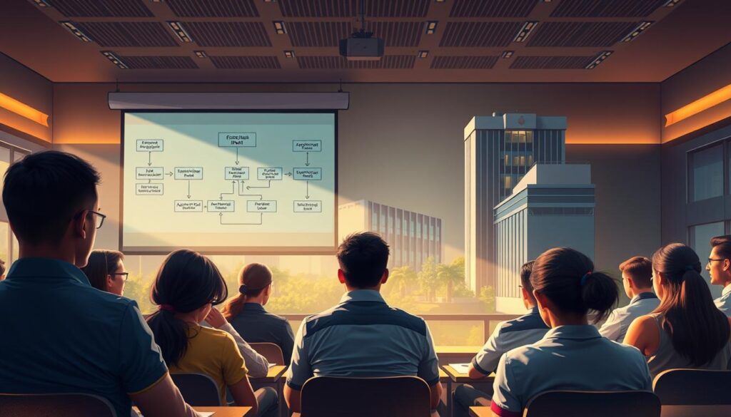 A meticulously rendered digital painting depicting the IPMAT selection process. In the foreground, a group of determined students sit in a modern classroom, their faces etched with focus as they navigate the challenging exam. The middle ground features a projector screen displaying an intricate flow chart, outlining the various stages of the IPMAT journey - from application to interview to final selection. In the background, a sleek, contemporary university building stands tall, its architecture evoking a sense of academic prestige. The scene is bathed in warm, natural lighting, creating a serene, contemplative atmosphere. The overall composition conveys the rigorous yet rewarding path to securing a coveted spot at an IIM through the IPMAT program.
