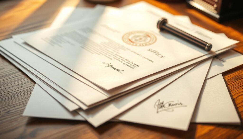 A neatly organized stack of essential documents, including an official seal, a stamp, and a signature. The papers are laid out on a wooden desk, illuminated by warm, diffused lighting, casting soft shadows. The composition conveys a sense of professionalism and administrative authority. The background is slightly blurred, allowing the documents to be the focal point. The overall mood is one of seriousness and importance, reflecting the significance of the necessary paperwork.