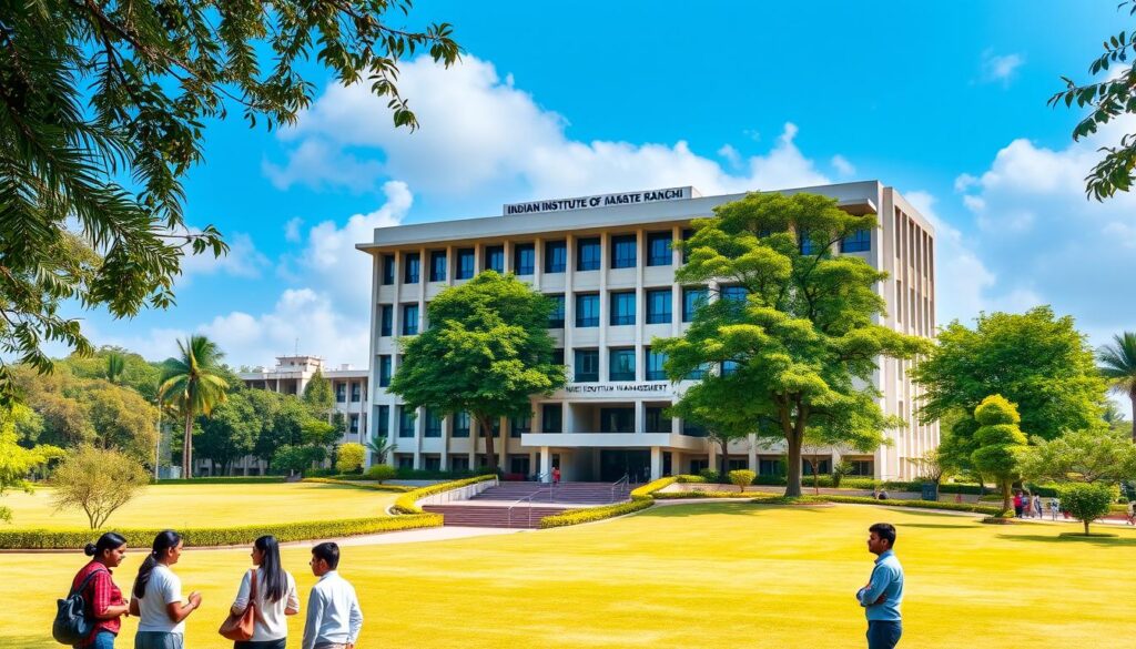A picturesque campus of the Indian Institute of Management Ranchi, showcasing its illustrious IPM (Integrated Programme in Management) Programme. The image depicts the main administrative building, a modern architectural marvel, standing tall against a backdrop of lush greenery and azure skies. In the foreground, prospective students can be seen engaged in lively discussions, reflecting the vibrant intellectual atmosphere that permeates the campus. The lighting is soft and natural, highlighting the tranquil ambiance. The overall composition captures the essence of the IPM programme - a harmonious blend of rigorous academics, personal growth, and enriching extracurricular activities that prepare students for the challenges of the corporate world.