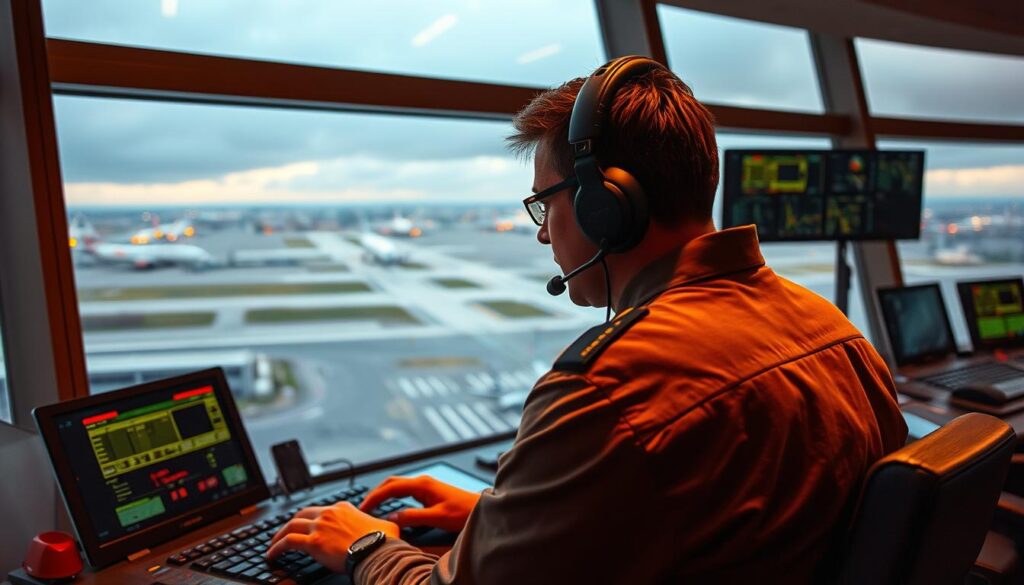 A professional air traffic controller in a busy airport control tower, intently monitoring radar screens and communicating with pilots via radio. The tower interior is bathed in a warm, amber glow from the lighting, creating a focused, intense atmosphere. Large windows offer a panoramic view of the airport runways and taxiways below, with aircraft taking off and landing in the distance. The controller wears a headset and uniform, hands poised over the control panels, their face expressing deep concentration as they coordinate the flow of air traffic. The image conveys the critical role of air traffic controllers in ensuring safe and efficient operations at major airports.