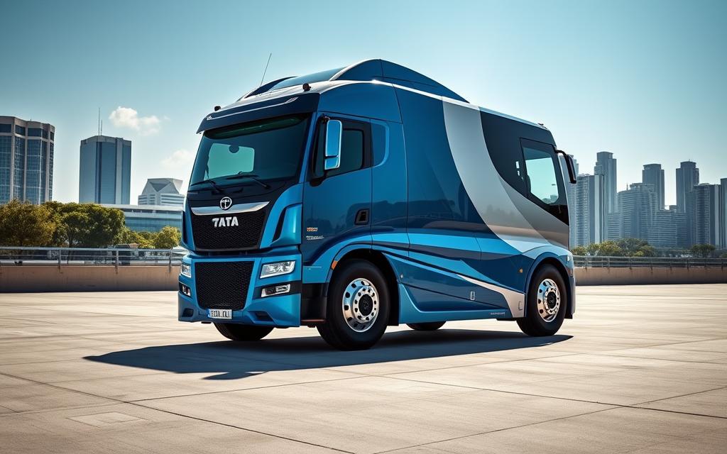 A sleek, hydrogen-powered heavy vehicle truck, the Tata H2-ICE Parima H55 SH2, stands majestically against a backdrop of a futuristic urban landscape. The truck's aerodynamic design and vibrant blue and silver color scheme evoke a sense of clean, renewable power. The vehicle's hydrogen fuel cell system is prominently featured, with the engine compartment and hydrogen storage tanks visible, showcasing the advanced technology under the hood. The scene is illuminated by natural sunlight, casting dynamic shadows and highlights that accentuate the truck's contours and the surrounding environment. The overall atmosphere exudes a forward-thinking, environmentally conscious, and technologically innovative mood, reflecting the promise of hydrogen-powered transportation.