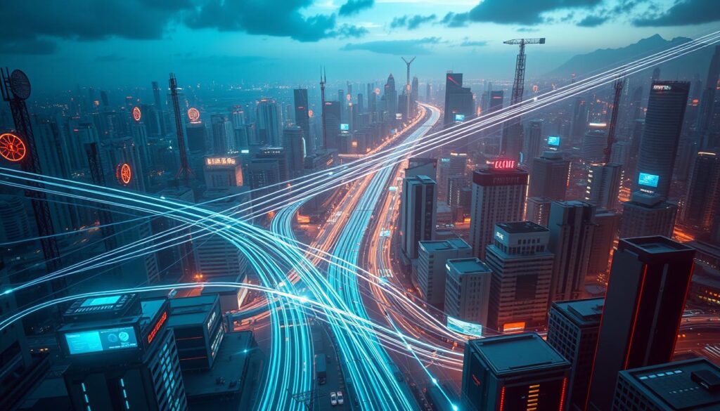 A sprawling 10G broadband network, with sleek fiber optic cables weaving through a modern cityscape. Towering cellular antennas and satellite dishes dot the skyline, casting long shadows over bustling streets. In the foreground, a futuristic technology hub with glowing holographic displays and cutting-edge server racks. Streams of data flow through the network, visualized as luminous trails of light. The scene is bathed in a cool, techno-blue hue, evoking a sense of advanced, high-speed connectivity. The overall composition conveys the scale, complexity, and visionary nature of China's 10G internet infrastructure.