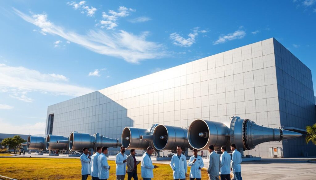 A sprawling research complex with an imposing gray facade, the DRDO GTRE stands as a testament to India's aerospace engineering prowess. Against a backdrop of cerulean skies, the facility's angular edifice is punctuated by sleek, metallic structures housing cutting-edge gas turbine research and development. Sunlight glints off the polished surfaces, casting dramatic shadows that accentuate the building's modern, utilitarian design. In the foreground, a group of scientists in white coats confer, their gestures animated as they discuss the intricacies of their latest innovations. The entire scene exudes a sense of technical sophistication and unwavering commitment to advancing India's defense capabilities.