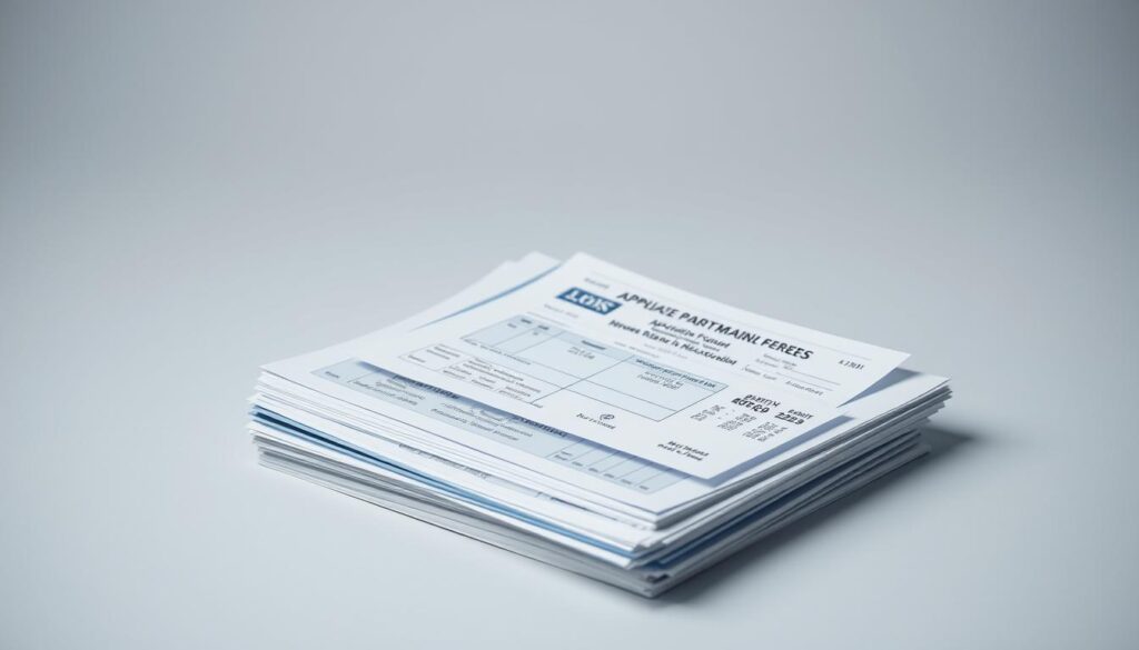 A stack of official documents, including application forms, identity proofs, and payment receipts, resting on a plain background. The lighting is soft and diffused, creating a professional and organized atmosphere. The documents are neatly arranged, emphasizing their importance and the attention to detail required. The color palette is muted, with shades of blue, gray, and white, contributing to a sense of formality and seriousness. The overall composition conveys the necessary paperwork and application fee associated with the Bhartiya Manak Bureau BIS Bharti 2025 recruitment process.