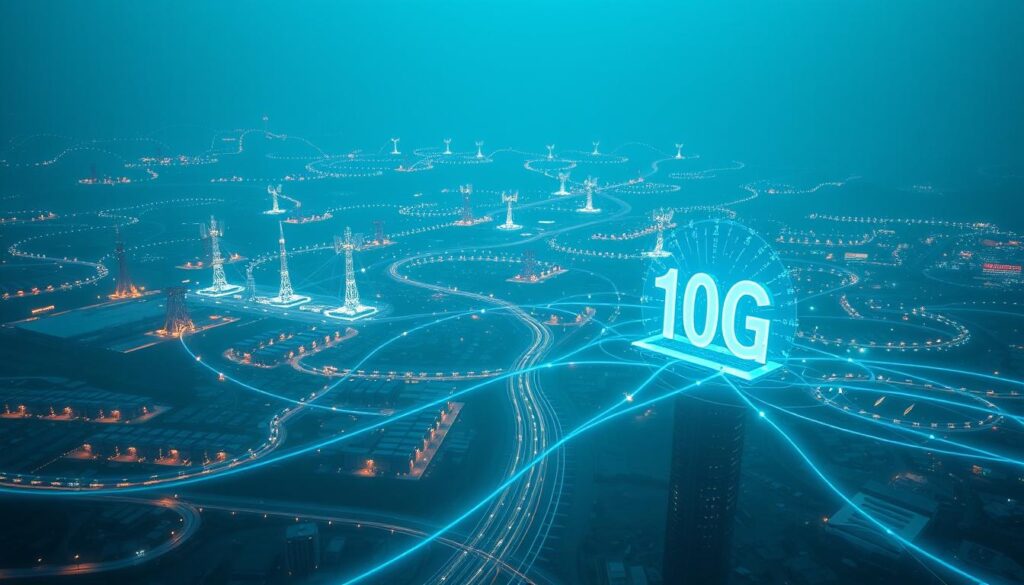 A vast, expansive 10G network infrastructure, with sleek, futuristic data centers and towering antenna arrays dotting the landscape. Gleaming fiber-optic cables snake across cityscapes, connecting homes and businesses with lightning-fast internet speeds. In the foreground, a glowing, holographic interface displays real-time network analytics, pulsing with vibrant data visualizations. The scene is bathed in a cool, azure hue, reflecting the cutting-edge nature of the technology. Subtle, ambient lighting casts dramatic shadows, creating a sense of depth and scale. The overall atmosphere conveys the transformative power and pervasive influence of this next-generation 10G network, poised to revolutionize connectivity and digital experiences.