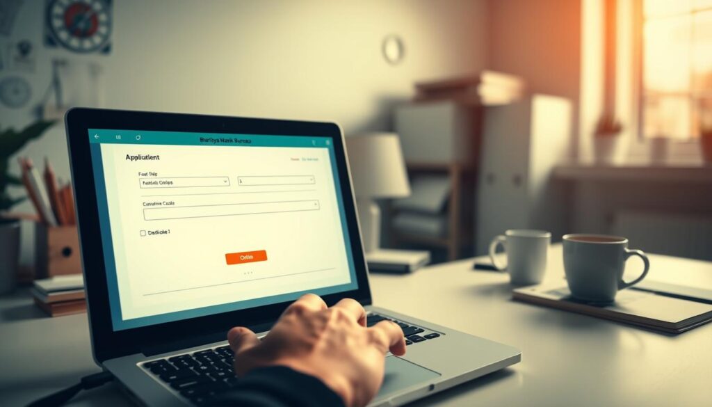 An online application process for the Bhartiya Manak Bureau BIS Bharti 2025 recruitment, set against a backdrop of a clean, minimalist workspace. A laptop screen displays a form with input fields, buttons, and a progress indicator, bathed in a soft, warm lighting. In the foreground, a hand hovers over the keyboard, ready to navigate the intuitive interface. The middle ground features office supplies, a cup of coffee, and a neatly organized desk, conveying a sense of professionalism and efficiency. The background showcases a blurred window, allowing a glimpse of the outside world, symbolizing the digital nature of the application process. The overall composition and mood aim to reflect the user-friendly and streamlined nature of the online application experience.