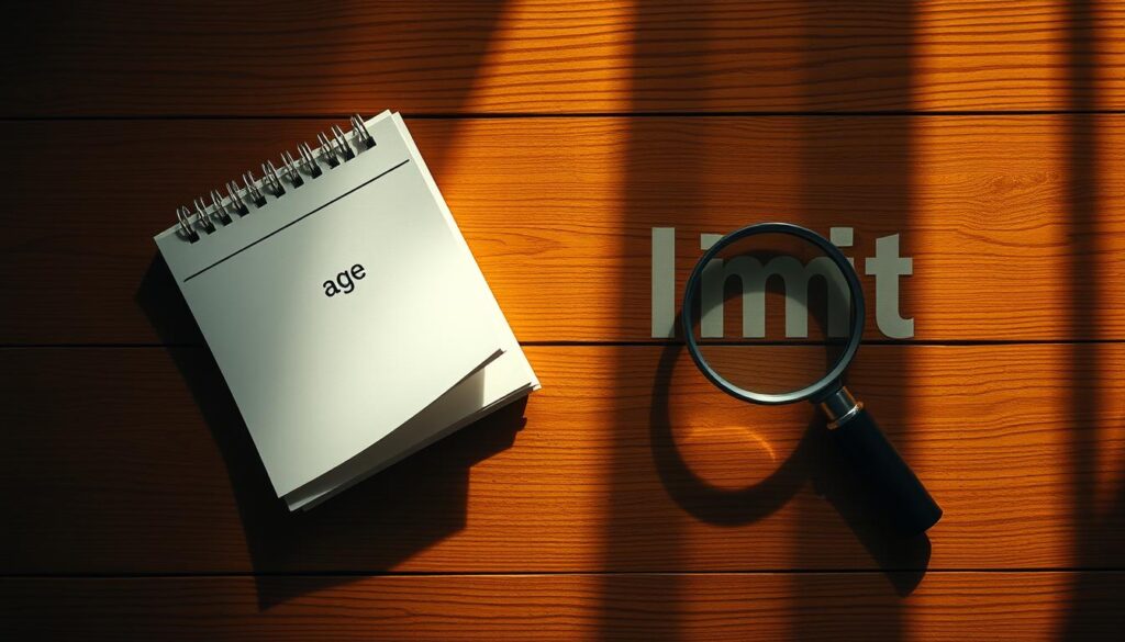 An overhead view of a wooden table with a magnifying glass and a calendar, representing the concept of "age limit". Warm, directional lighting casts shadows, creating depth and emphasizing the objects. The calendar pages are turned to display a specific date, hinting at a deadline or age requirement. The magnifying glass symbolizes the scrutiny and attention to detail involved in the selection process. The overall scene conveys a sense of anticipation and careful consideration around the age-related criteria.