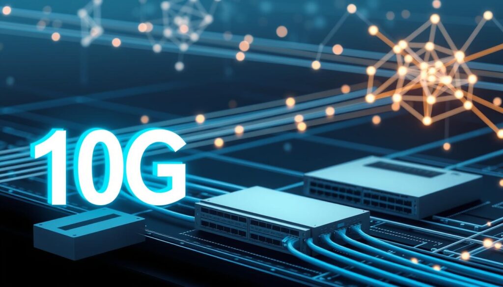 Detailed schematic diagram of a 10G broadband network, showcasing its advanced fiber-optic infrastructure. Prominent 10G logo in the foreground, with a clean, technical aesthetic. Sleek optical transceivers, network switches, and fiber-optic cables in the middle ground, arranged in a visually appealing layout. In the background, a stylized representation of high-speed data transmission, with glowing lines and geometric shapes suggesting the network's immense bandwidth and low latency. Soft, neutral lighting highlights the sophisticated engineering, conveying a sense of cutting-edge technology and innovation.