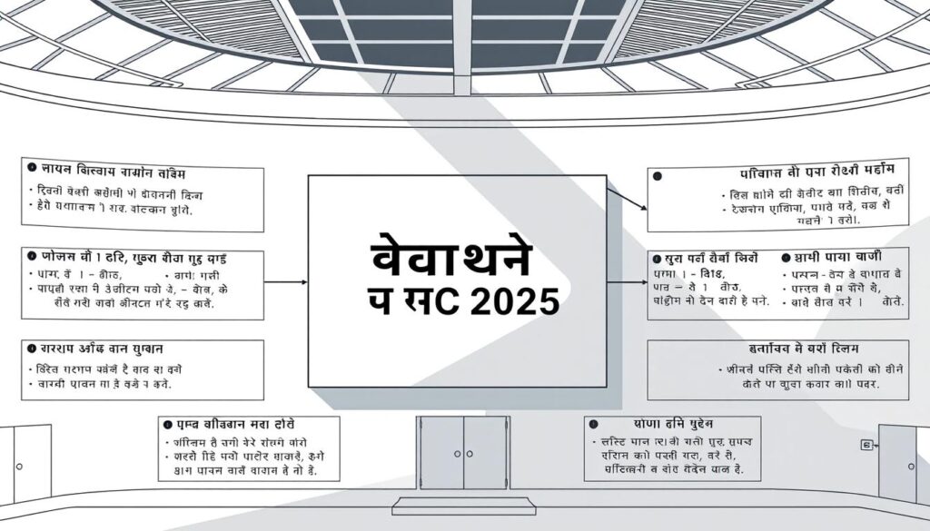 Detailed technical blueprint of eligibility criteria and qualification requirements. Showcase the diverse competencies needed for the AAI JE ATC2025 positions. Crisp, architectural illustration in muted tones, with clean lines and geometric shapes. Prominent central panel displaying the Hindi text "पात्रता मानदंड" in a bold, modern font. Surrounding panels highlighting key educational, experience, and skill specifications. Dramatic side lighting casting long shadows, conveying the gravity and importance of these criteria. Minimalist, professional aesthetic suitable for a government recruitment advertisement.