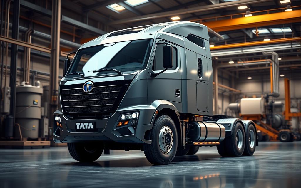 a highly detailed, photorealistic, 3D render of a heavy duty hydrogen-powered truck from Tata Motors, the H2-ICE Prima H55 SH2, with a sleek, aerodynamic design, prominent Tata logo on the front grille, and complex mechanical components visible under the hood. The truck is positioned in a well-lit, modern industrial setting, with a mixture of warm and cool lighting creating depth and highlights the details of the vehicle. The composition places the truck in the foreground, with the background featuring other industrial equipment and machinery, conveying a sense of scale and the truck's role in the hydrogen-powered transportation ecosystem.