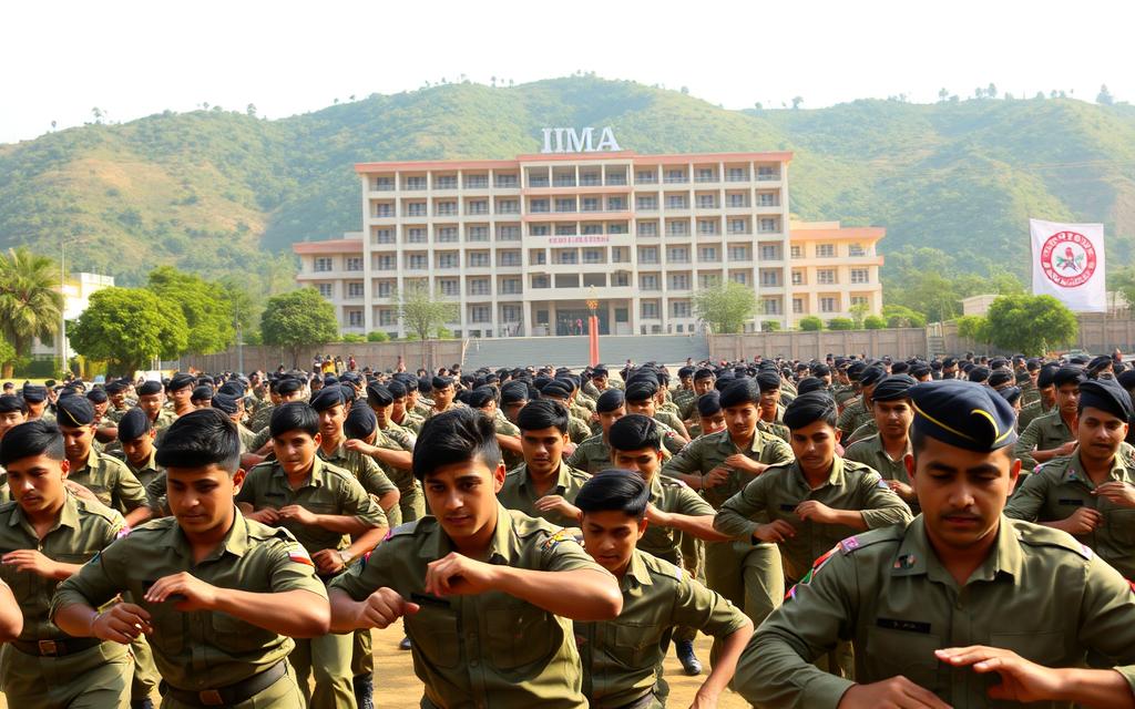 A bustling outdoor training ground in Dehradun, India. In the foreground, groups of young men in military fatigues undergo rigorous physical exercises, their faces determined as they push their limits. The middle ground reveals a large, multi-story building with the "IMA" (Indian Military Academy) insignia prominently displayed, surrounded by lush green hills in the background. The scene is bathed in warm, golden sunlight, conveying a sense of discipline, dedication, and the transformative journey of military training. The atmosphere is one of focused intensity, as these aspiring soldiers prepare to serve their nation with honor.