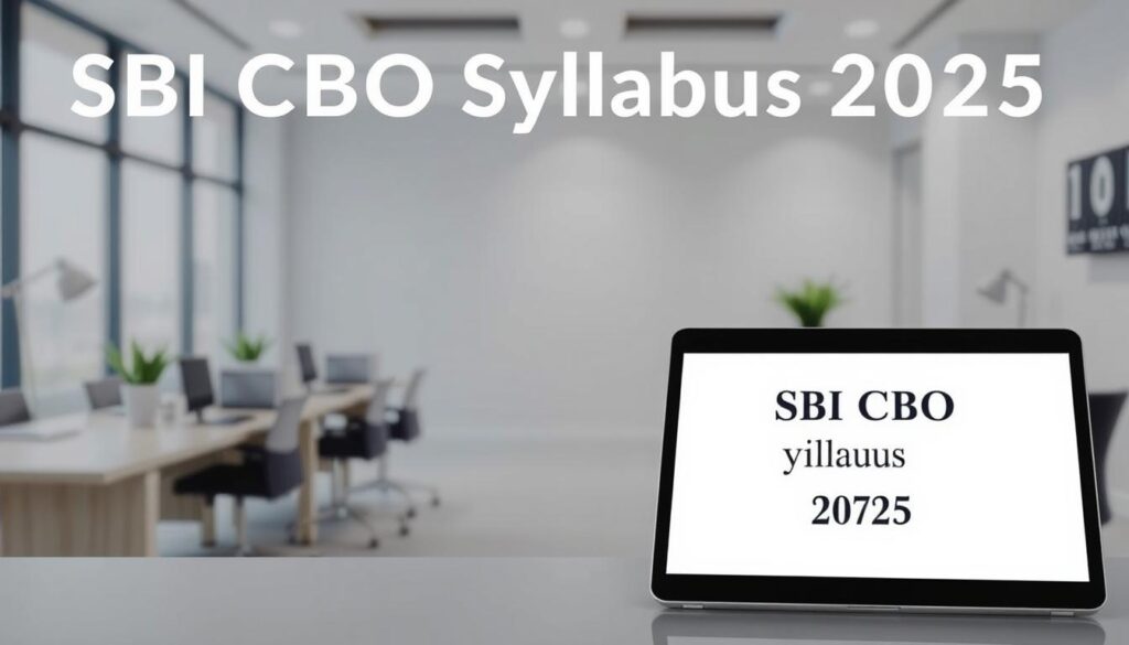 A clean and professional-looking image depicting the "SBI CBO Syllabus 2025" against a backdrop of a modern, minimalist office setting. The syllabus is displayed on a tablet or laptop screen, with a neutral, gray-toned color scheme and clean typography. The image has a calm, focused atmosphere, with soft lighting and a depth of field that draws the viewer's attention to the central syllabus content. The overall design conveys a sense of organization, professionalism, and attention to detail, reflecting the subject matter of the SBI CBO recruitment process.