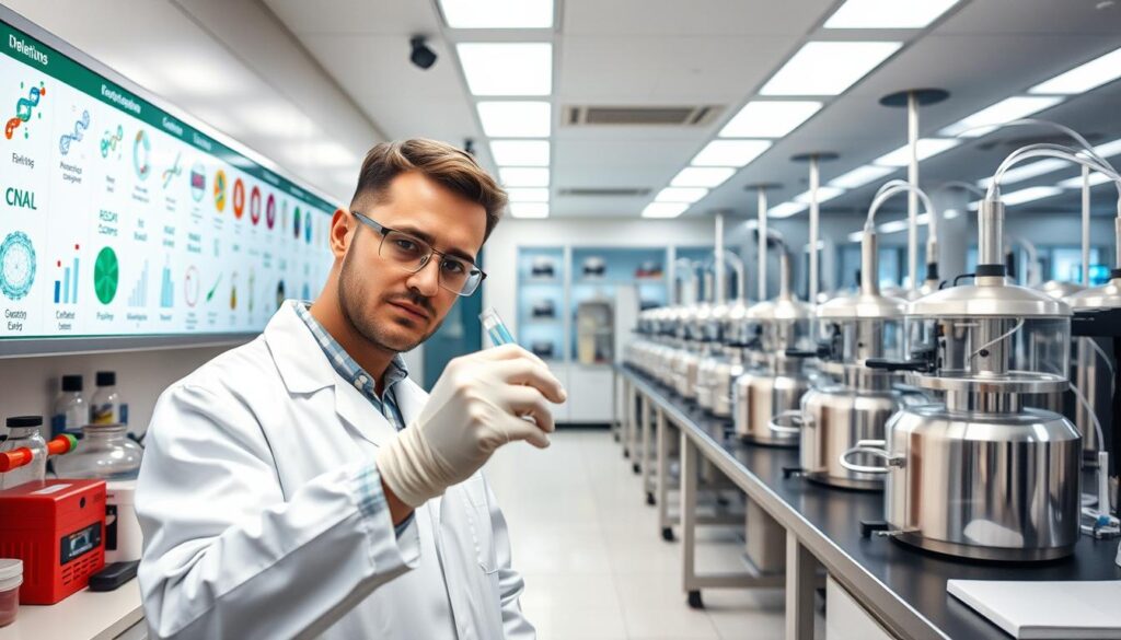 A clean, well-lit laboratory with state-of-the-art biotech equipment and instruments. In the foreground, a researcher in a white lab coat is pipetting a sample into a test tube, with a look of focused concentration. Behind them, a wall-mounted display showcases various biotechnology processes and techniques, such as DNA sequencing, gene editing, and protein engineering. In the background, rows of gleaming bioreactors and other advanced biotech tools suggest the cutting-edge nature of the research taking place. The overall atmosphere conveys a sense of scientific innovation and the vast potential of the biotech industry.