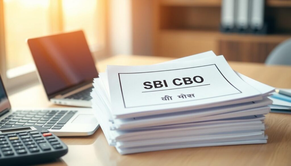 A clean, well-organized office desk with a laptop, calculator, and a stack of official-looking documents labeled "SBI CBO आवश्यक दस्तावेज़." The lighting is warm and natural, casting a soft glow on the scene. The documents are crisp and neatly arranged, conveying a sense of professionalism and attention to detail. The background is a blurred, minimalist office environment, allowing the key elements to take center stage. The overall mood is one of efficiency, organization, and the importance of these required documents in the SBI CBO application process.