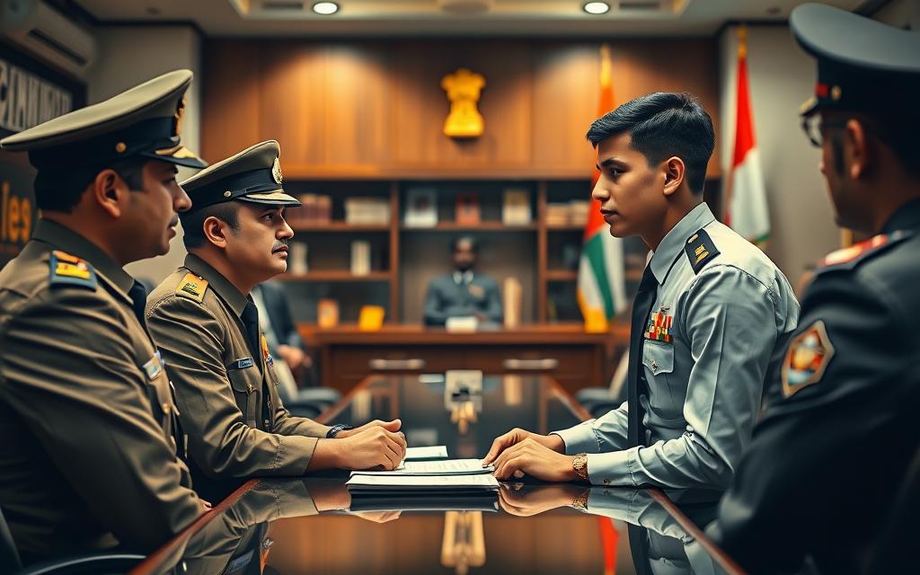 A formal, official-looking scene depicting the SSB (Services Selection Board) interview process. The foreground shows a military officer in dress uniform sitting at a desk, conducting a face-to-face interview with a young, nervous-looking candidate in civilian attire. The middle ground features other officers monitoring the interview from the sides. The background shows the interior of a government office or institution, with shelves of books, military insignia, and a national flag visible. The lighting is warm and professional, with a sense of authority and gravity surrounding the proceedings. The composition is balanced and symmetrical, conveying a sense of structure and protocol inherent to the SSB selection process.