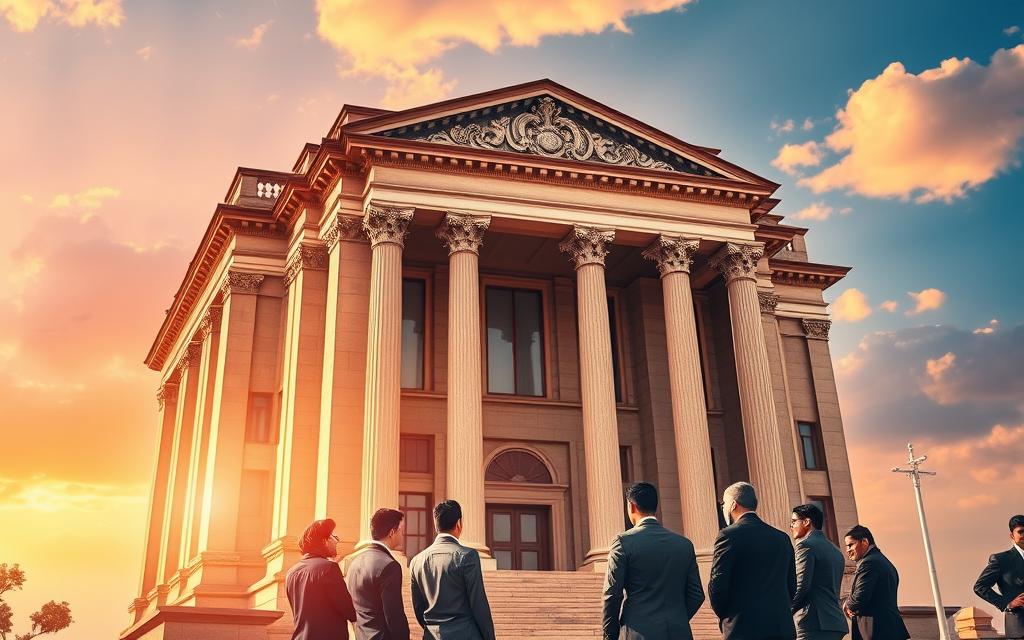 A grand, majestic bank building in the style of classical Indian architecture, standing tall against a vibrant, cloudless sky. The facade is adorned with intricate carvings and ornate columns, exuding a sense of authority and grandeur. In the foreground, a group of suited professionals are engaged in a thoughtful discussion, their postures conveying a sense of professionalism and expertise. The lighting is warm and inviting, creating a welcoming atmosphere. The scene radiates a mood of opportunity, growth, and the promise of a rewarding career path within the esteemed Bank of Baroda.