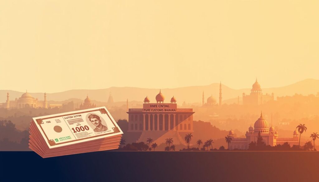 A modern and minimalist illustration showcasing the concept of "Custom Duty and Notification" against a backdrop of the iconic Pune cityscape. In the foreground, a stack of Indian currency notes, representing the financial aspect of customs, is positioned alongside a digital notification interface, symbolizing the administrative processes. The mid-ground features a silhouette of the Pune Customs Bhavan, the administrative headquarters, bathed in warm, directional lighting to convey a sense of professionalism and efficiency. The background depicts a panoramic view of the Pune skyline, with the distinctive Aga Khan Palace and Shaniwar Wada landmarks visible in the distance, creating a strong sense of place and context. The overall composition aims to strike a balance between the tangible and digital elements of the customs operations in Pune.