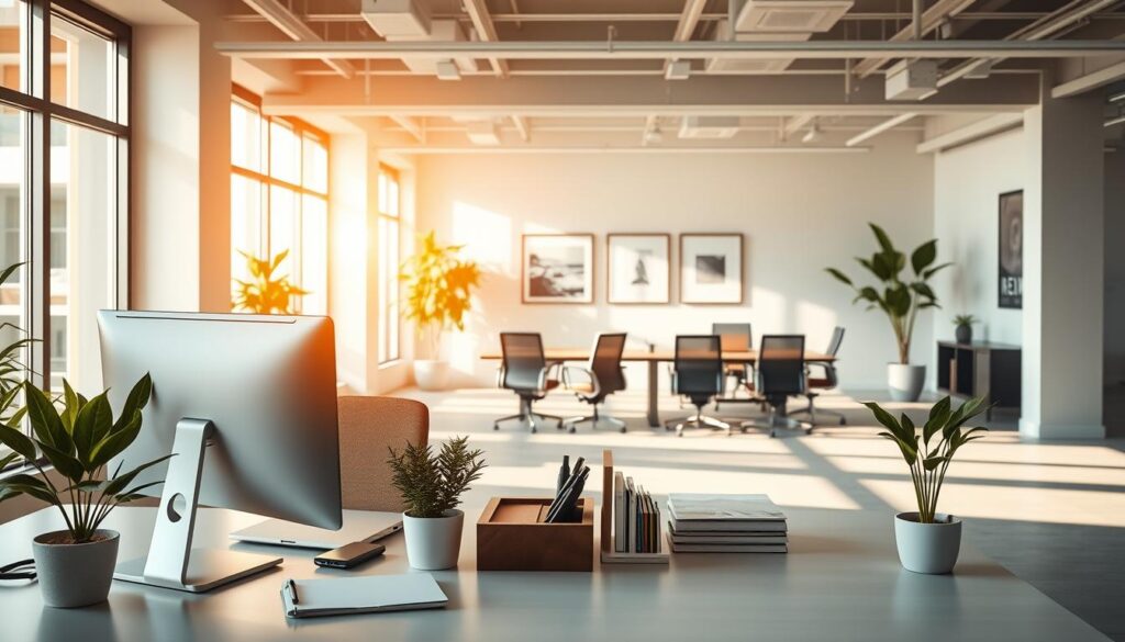 A modern office interior with a spacious and well-lit workspace. In the foreground, a desk with a computer, stationery, and a potted plant, bathed in warm, natural lighting from large windows. In the middle ground, ergonomic office chairs and a meeting table, hinting at collaborative work. The background showcases a minimalist, yet sophisticated decor with clean lines, neutral tones, and subtle artwork on the walls, creating a professional yet inviting atmosphere. The overall scene conveys a sense of productivity, comfort, and attention to detail, reflecting the ideal work environment.