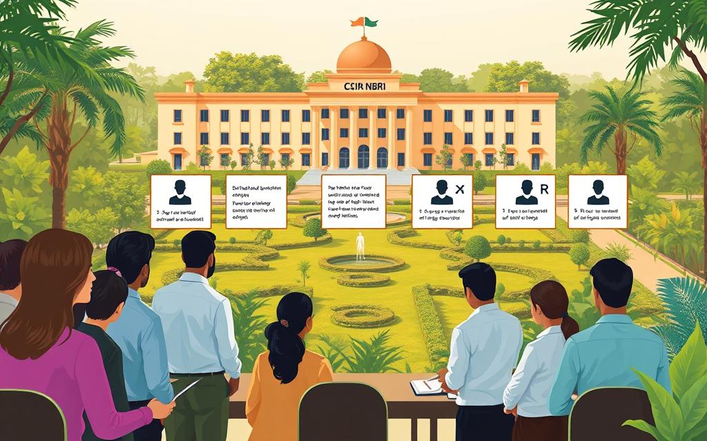 A modern, professional recruitment process illustration showcasing the CSIR-NBRI (National Botanical Research Institute) selection workflow. In the foreground, a group of diverse applicants are carefully evaluated by a panel of experts, their profiles and qualifications meticulously assessed. In the middle ground, a series of standardized examinations are depicted, testing the candidates' knowledge and skills through both written and practical assessments. The background captures the iconic CSIR-NBRI campus, its verdant gardens and state-of-the-art facilities, establishing a sense of prestige and authority. The scene is lit by warm, natural lighting, conveying a tone of fairness, transparency and professionalism throughout the recruitment process. A modern, professional recruitment process illustration showcasing the CSIR-NBRI (National Botanical Research Institute) selection workflow. In the foreground, a group of diverse applicants are carefully evaluated by a panel of experts, their profiles and qualifications meticulously assessed. In the middle ground, a series of standardized examinations are depicted, testing the candidates' knowledge and skills through both written and practical assessments. The background captures the iconic CSIR-NBRI campus, its verdant gardens and state-of-the-art facilities, establishing a sense of prestige and authority. The scene is lit by warm, natural lighting, conveying a tone of fairness, transparency and professionalism throughout the recruitment process.