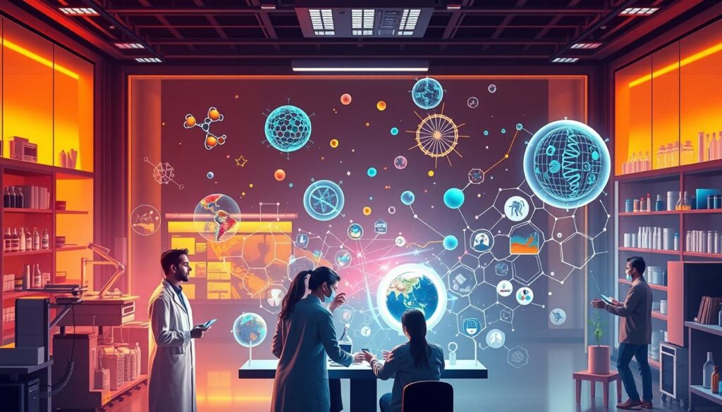 A striking digital illustration of the key trends and innovations in the field of biotechnology. A sleek, futuristic laboratory backdrop with cutting-edge scientific equipment and technology, illuminated by warm scientific lighting. In the foreground, a diverse team of biotechnology researchers and innovators collaborating, surrounded by holographic data visualizations, 3D molecular models, and other immersive digital interfaces. The middle ground features emerging biotechnology applications like gene editing, tissue engineering, and personalized medicine, represented through abstract geometric shapes and vibrant colors. The background showcases the broader impact of biotechnology on society, the environment, and the future of human health and sustainability.