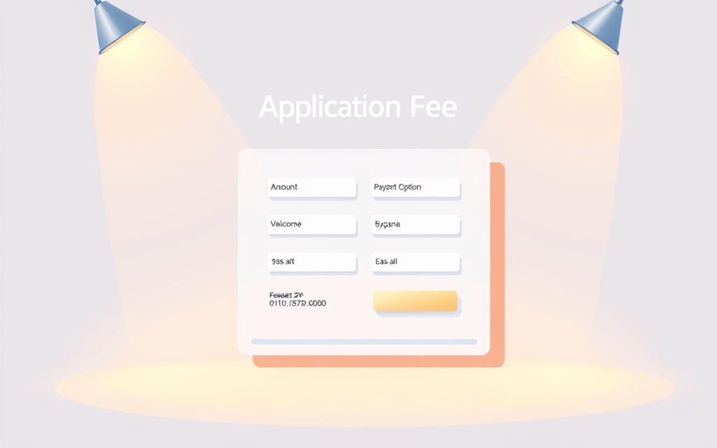 Detailed illustration of application fee and payment methods, featuring a clean and uncluttered layout. Centered is a simple payment form with input fields for amount, payment option, and transaction details. Surrounding it, an elegant design with geometric shapes, gradients, and subtle textures to convey professionalism and ease of use. Warm lighting from above casts soft shadows, creating depth and a welcoming atmosphere. The overall composition is balanced, guiding the viewer's attention to the key payment information. No distracting elements, just a clear, informative, and visually appealing representation of the application fee and payment process. Detailed illustration of application fee and payment methods, featuring a clean and uncluttered layout. Centered is a simple payment form with input fields for amount, payment option, and transaction details. Surrounding it, an elegant design with geometric shapes, gradients, and subtle textures to convey professionalism and ease of use. Warm lighting from above casts soft shadows, creating depth and a welcoming atmosphere. The overall composition is balanced, guiding the viewer's attention to the key payment information. No distracting elements, just a clear, informative, and visually appealing representation of the application fee and payment process.